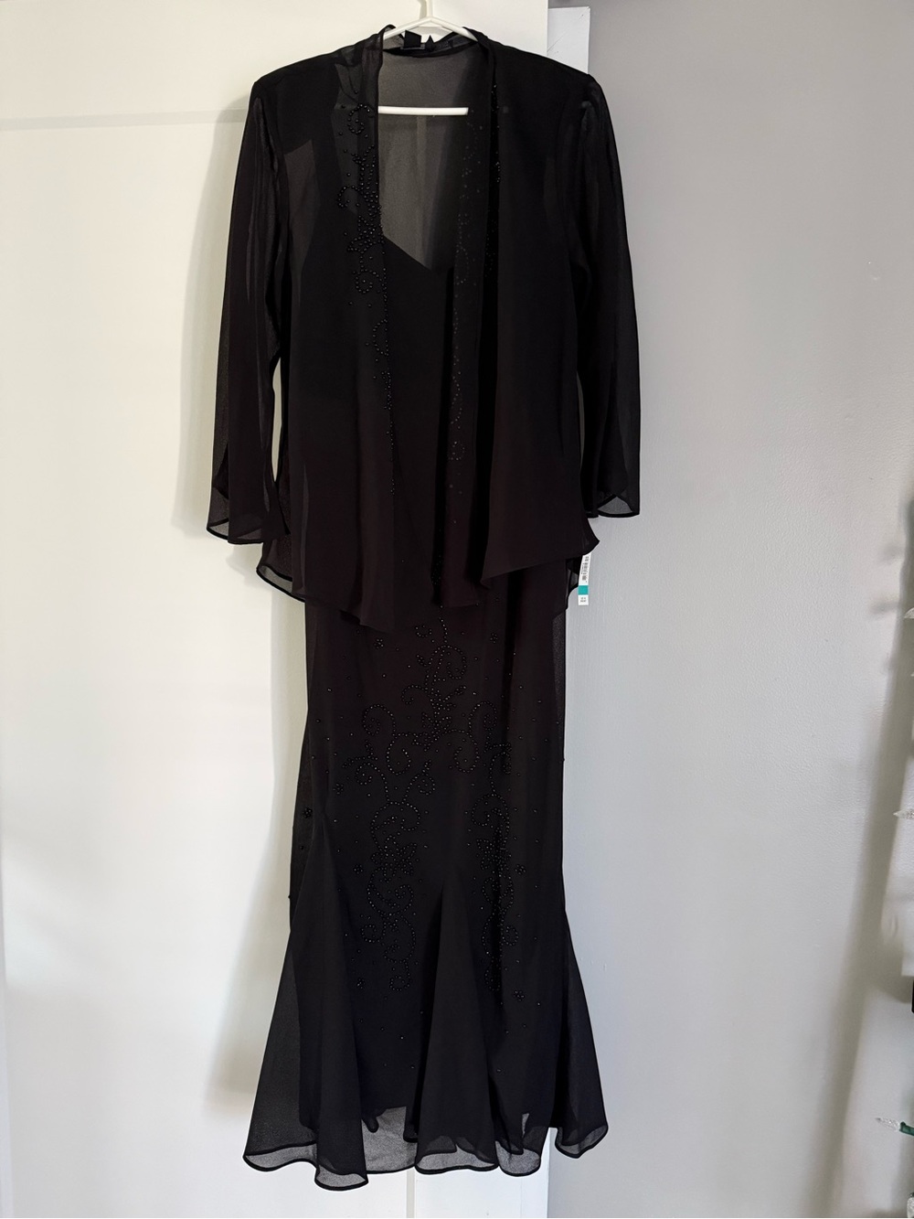 R&M Richards Black Beaded Evening Gown with Sheer Jacket